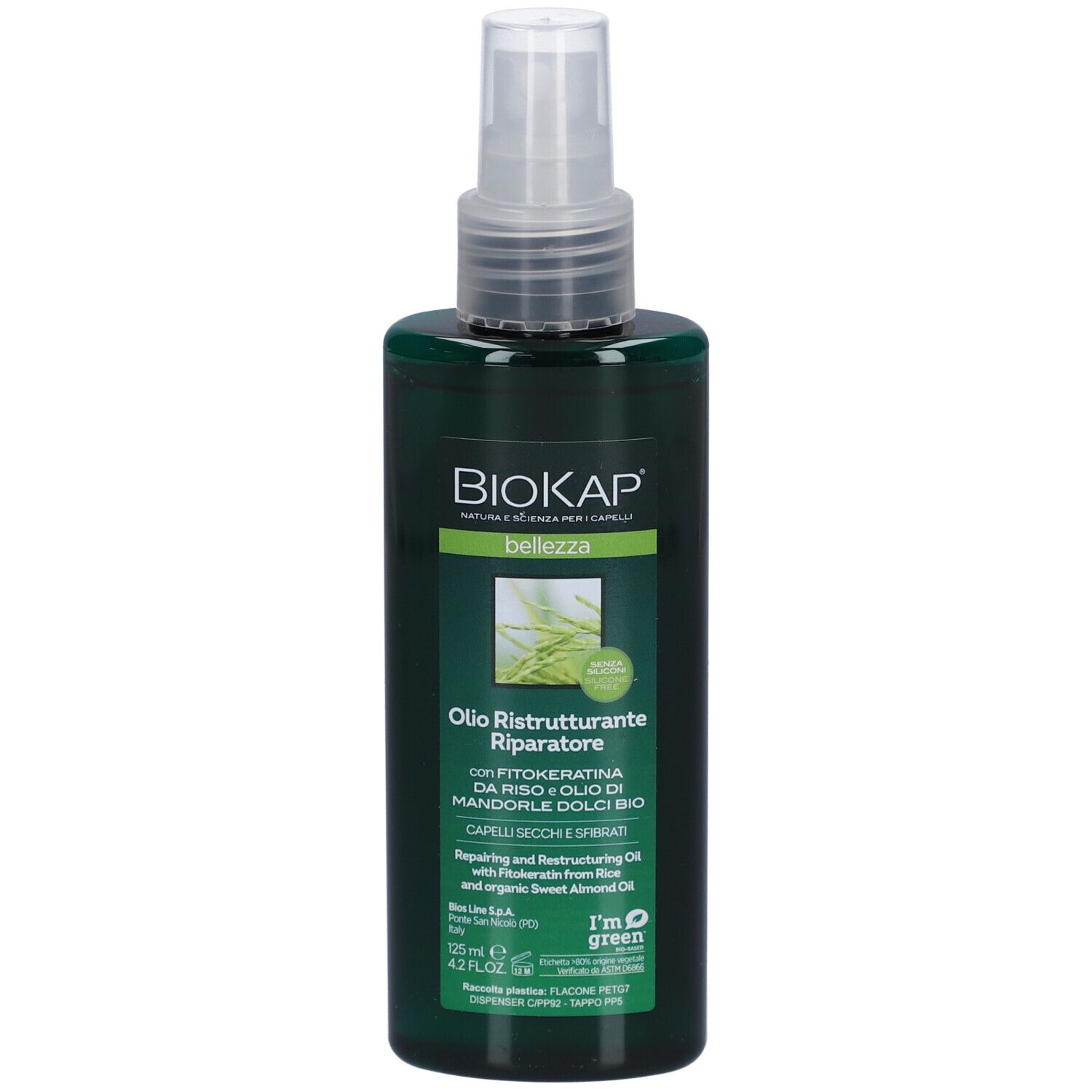 Flacon vert avec vaporisateur. Inscription: BIOKAP, Olio Ristrutturante Riparatore. Pour cheveux secs et cassants.