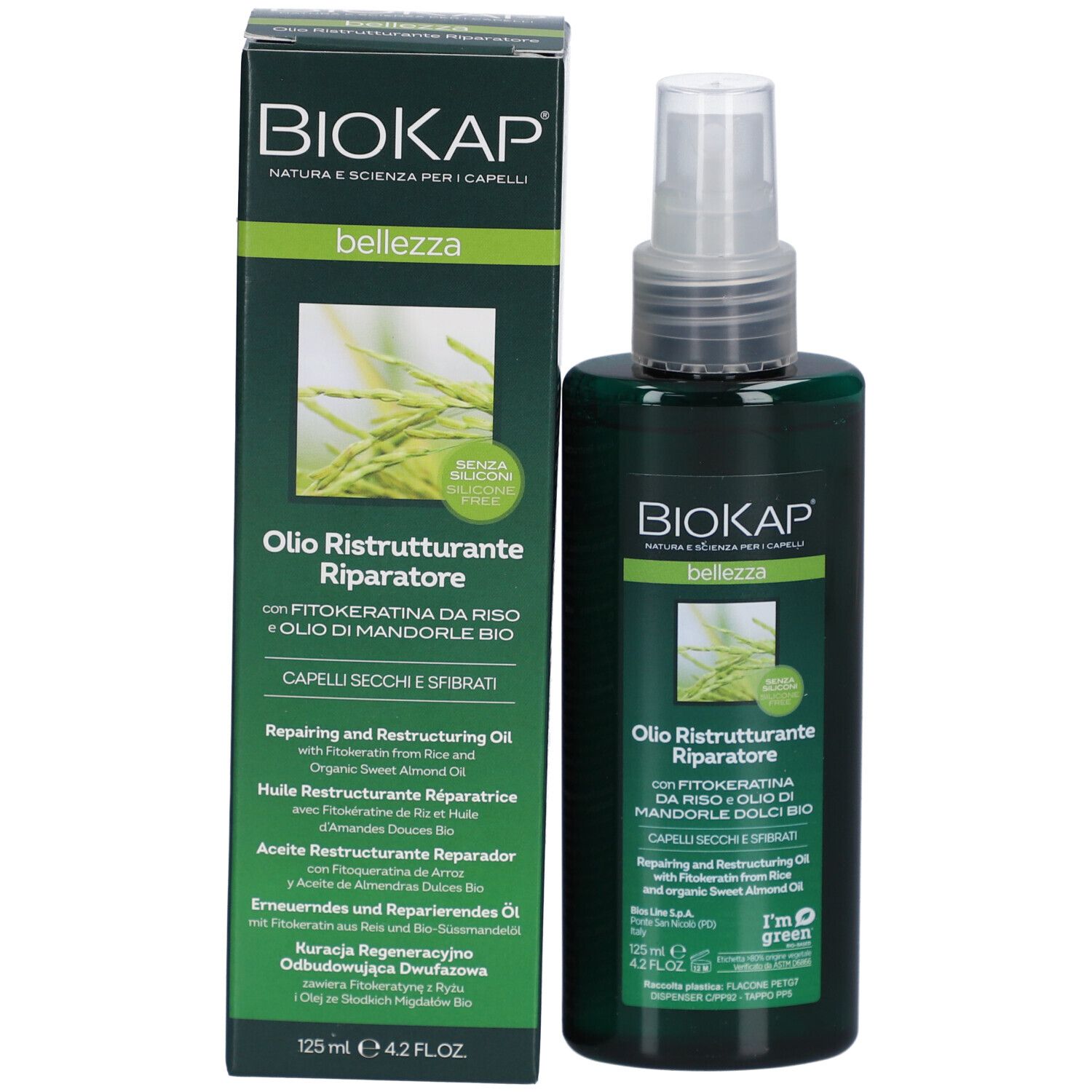 Emballage et flacon. Inscription: BIOKAP, Olio Ristrutturante Riparatore. Pour cheveux secs et cassants.