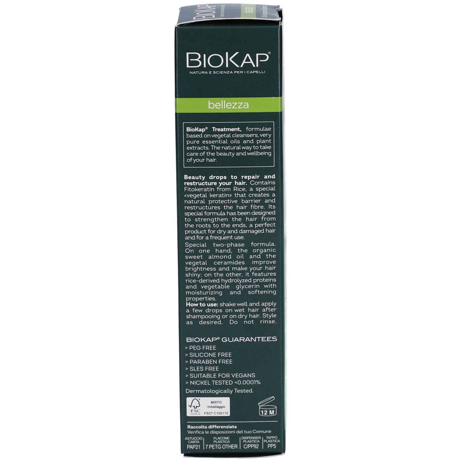 Emballage du produit, dos. Texte sur les ingrédients et l'utilisation. Marque: BIOKAP.