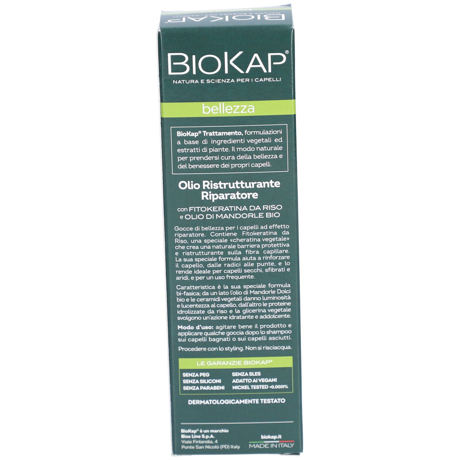 Emballage du produit, dos. Texte sur les ingrédients et l'utilisation. Marque: BIOKAP.