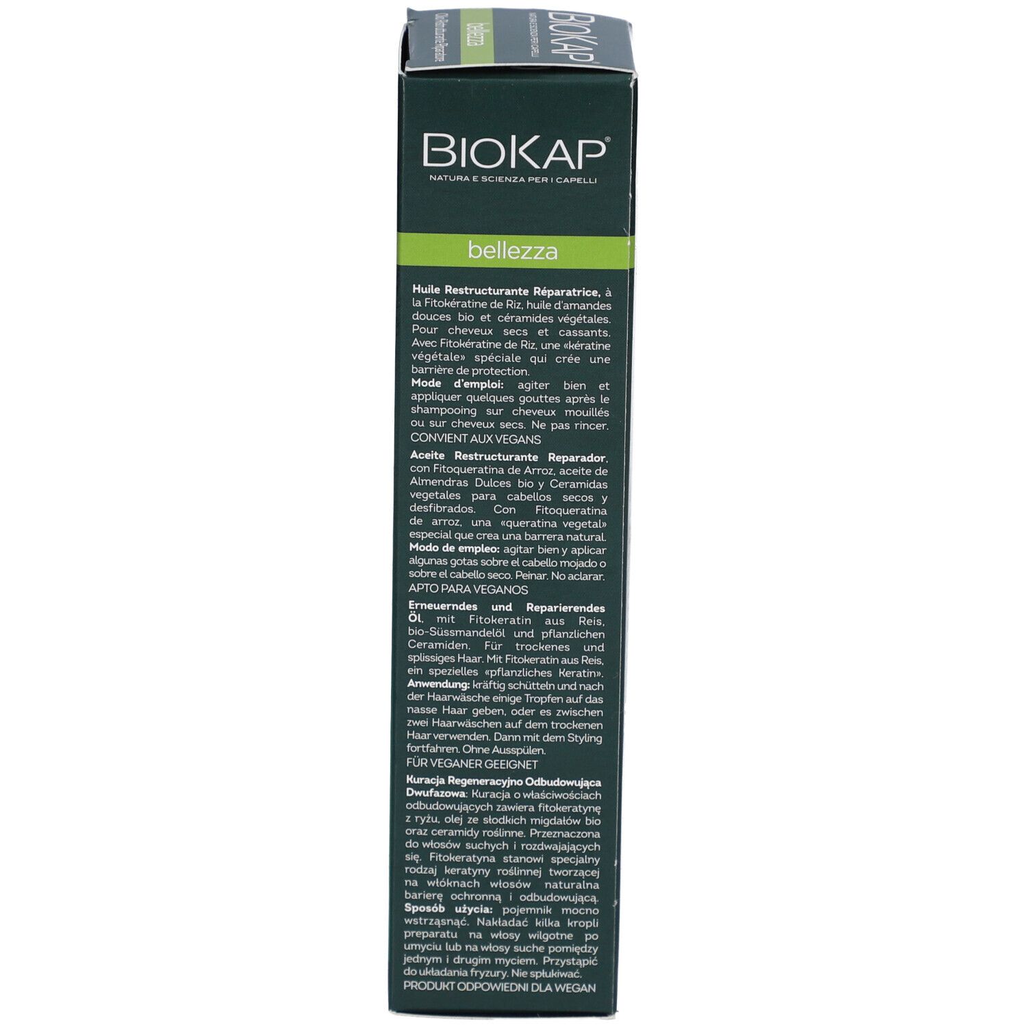 Emballage du produit, dos. Texte sur les ingrédients et l'utilisation. Marque: BIOKAP.