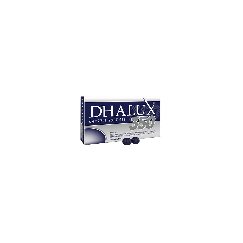 Confezione Dhalux 350 con capsule. Scatola blu e bianca con nome del prodotto e 350. Due capsule accanto.