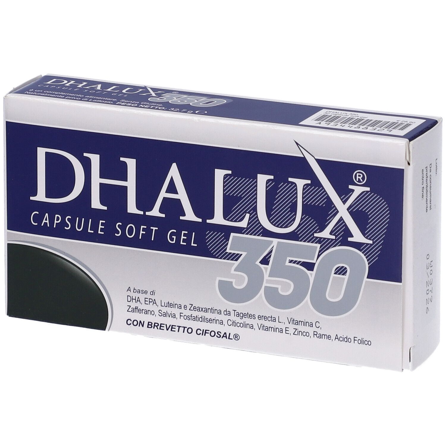 Confezione Dhalux 350. Scatola blu e bianca con nome del prodotto, 350 e ingredienti. Vista ravvicinata.