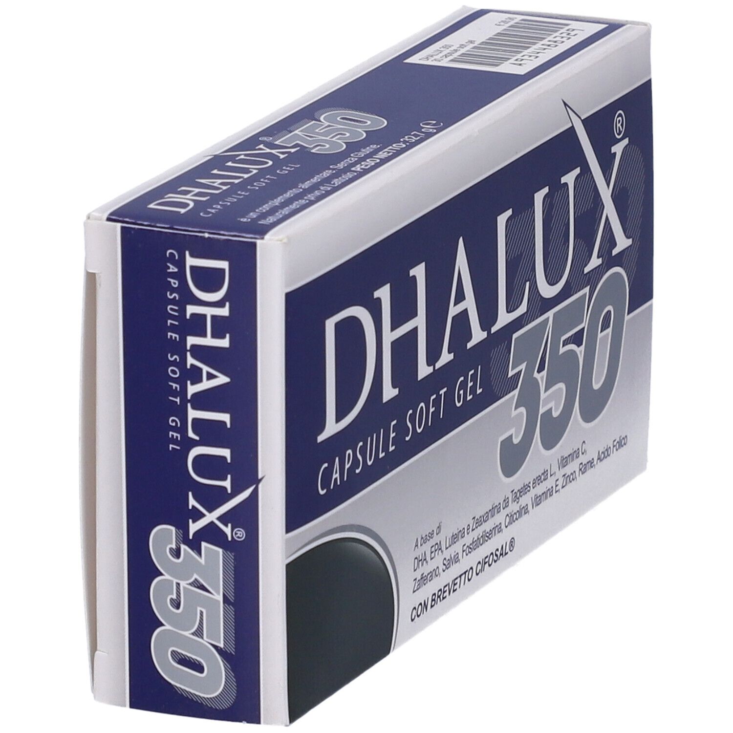 Confezione Dhalux 350. Scatola blu e bianca con nome del prodotto, 350 e ingredienti. Vista obliqua.
