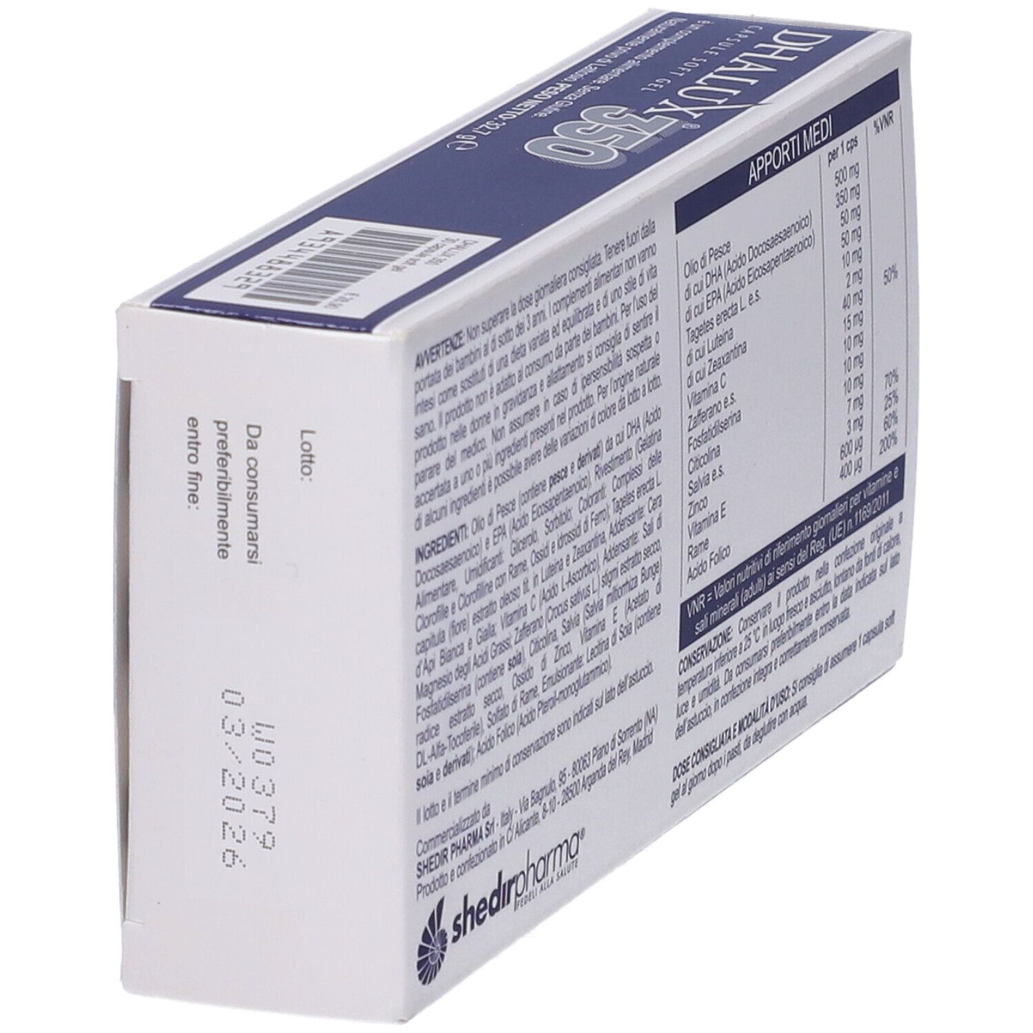 Vista obliqua del retro della confezione Dhalux 350. Contiene informazioni su ingredienti e dosaggio.