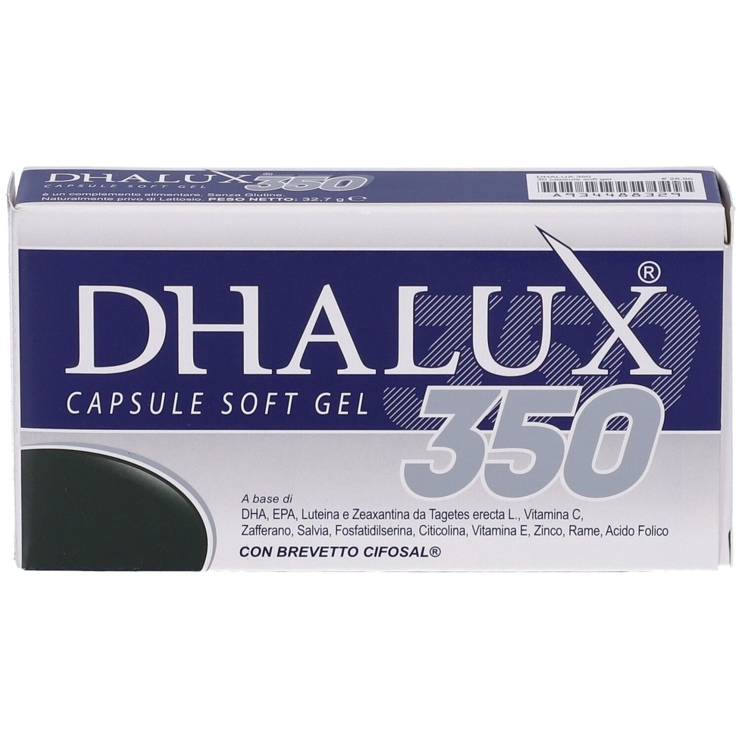 Fronte della confezione Dhalux 350. Scatola blu e bianca con nome del prodotto, 350 e ingredienti.