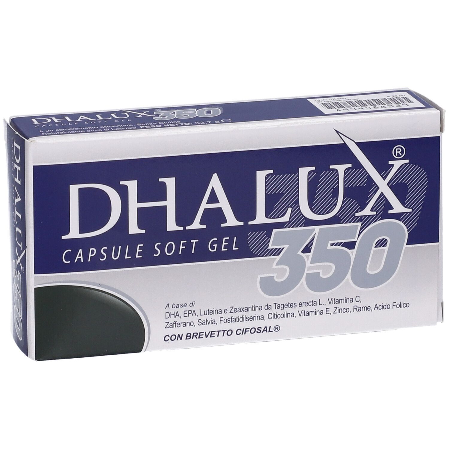 Fronte della confezione Dhalux 350. Scatola blu e bianca con nome del prodotto, 350 e ingredienti.