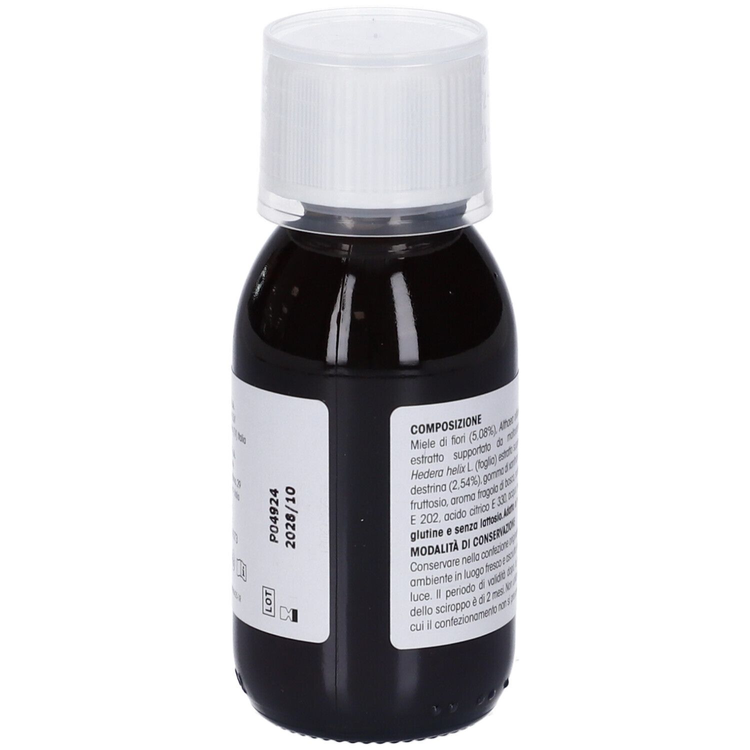 Braune Flüssigkeit in einer Flasche mit weißem Deckel. Etikett mit Inhaltsstoffen, Verfallsdatum und weiteren Informationen.