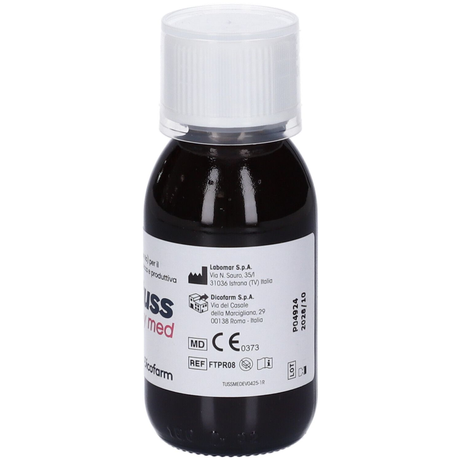 Braune Flüssigkeit in einer Flasche mit weißem Deckel. Etikett mit Produktinformationen, CE-Kennzeichnung und weiteren Angaben.