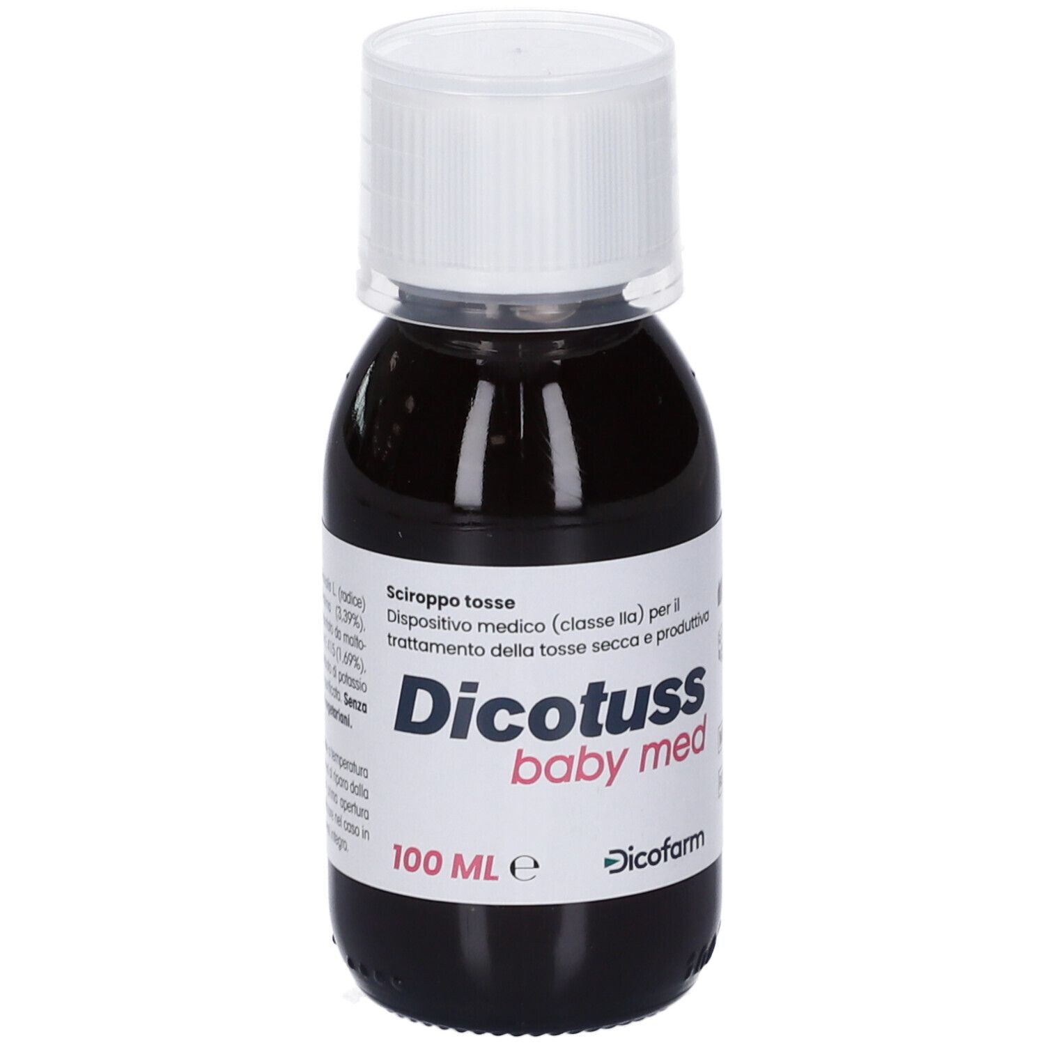 Braune Flüssigkeit in einer Flasche mit weißem Deckel. Etikett mit Produktnamen Dicotuss baby med und weiteren Informationen.