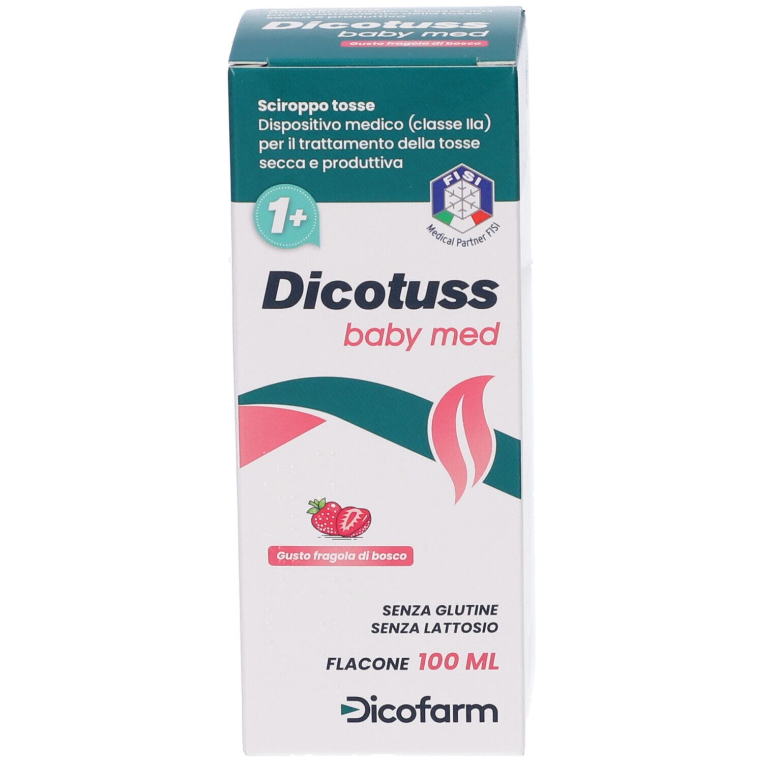 Produktverpackung mit dem Namen Dicotuss baby med. Auf der Verpackung sind eine Erdbeere und weitere Informationen abgebildet.