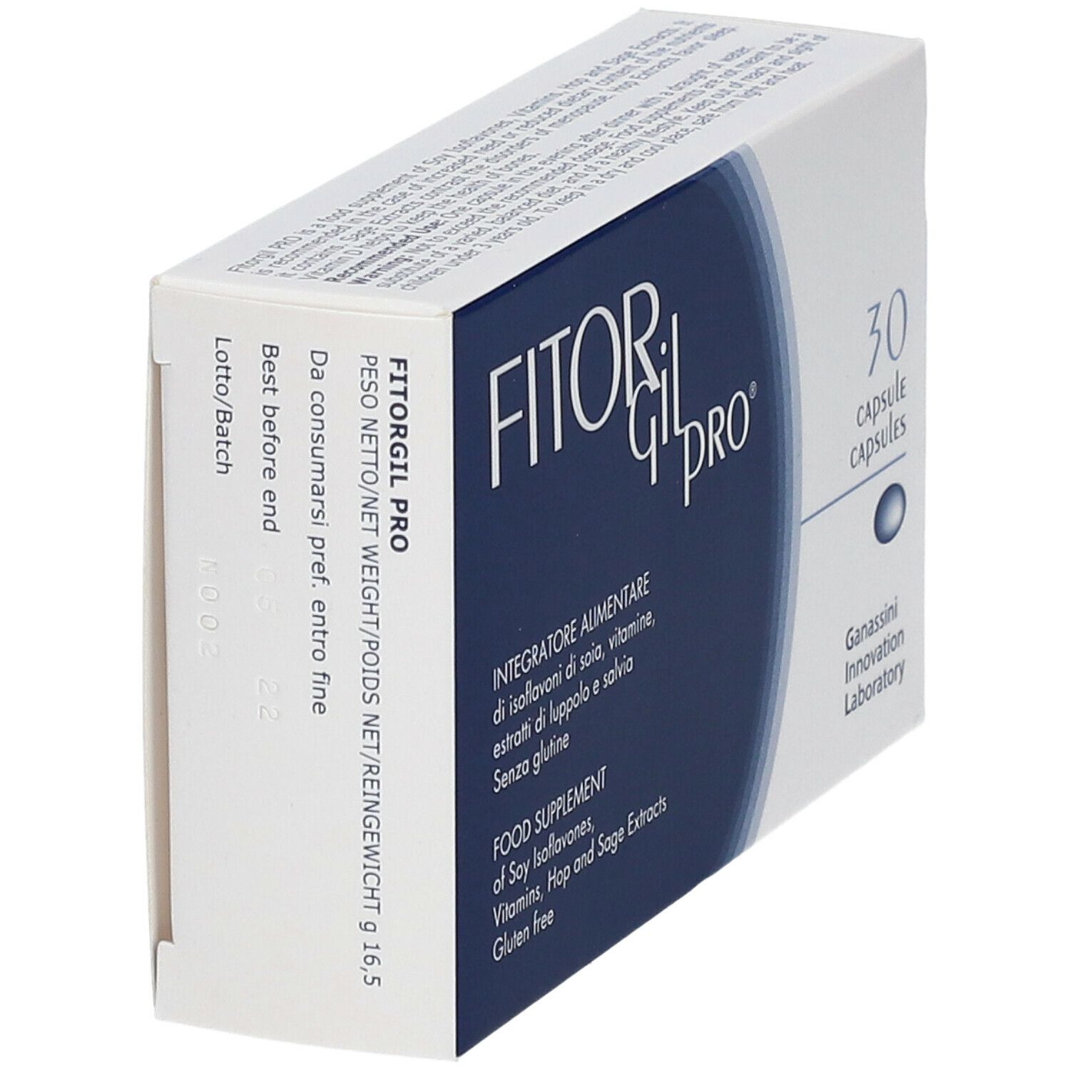 Scatola bianca e blu. Scritta FITORgil PRO, 30 capsule. Testo: Integratore alimentare, senza glutine. Ganesini Innovation Laboratory.