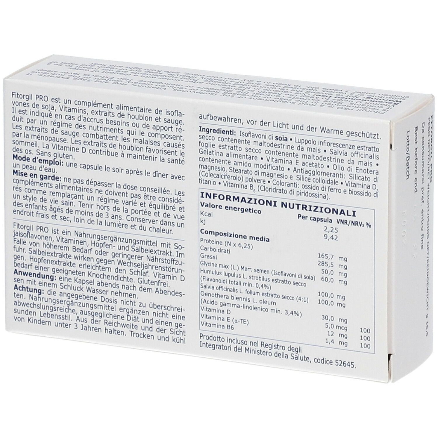 Retro della scatola. Testo in tedesco e italiano. Informazioni sugli ingredienti e valori nutrizionali. Produttore: Ganesini Innovation Laboratory.