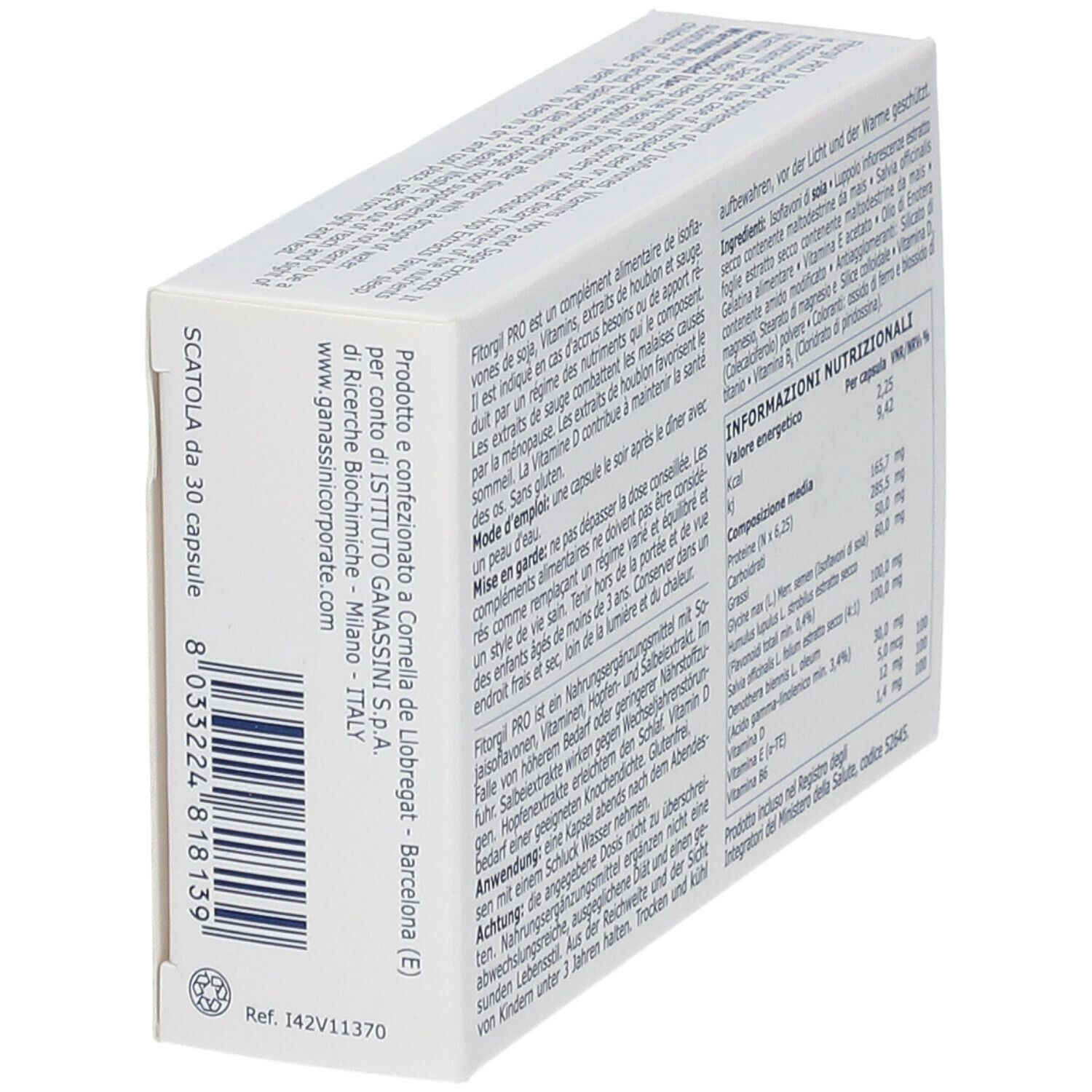 Scatola con testo in italiano e francese. Scritta: SCATOLA da 30 capsule. Produttore: Istituto Gamasini S.p.A.