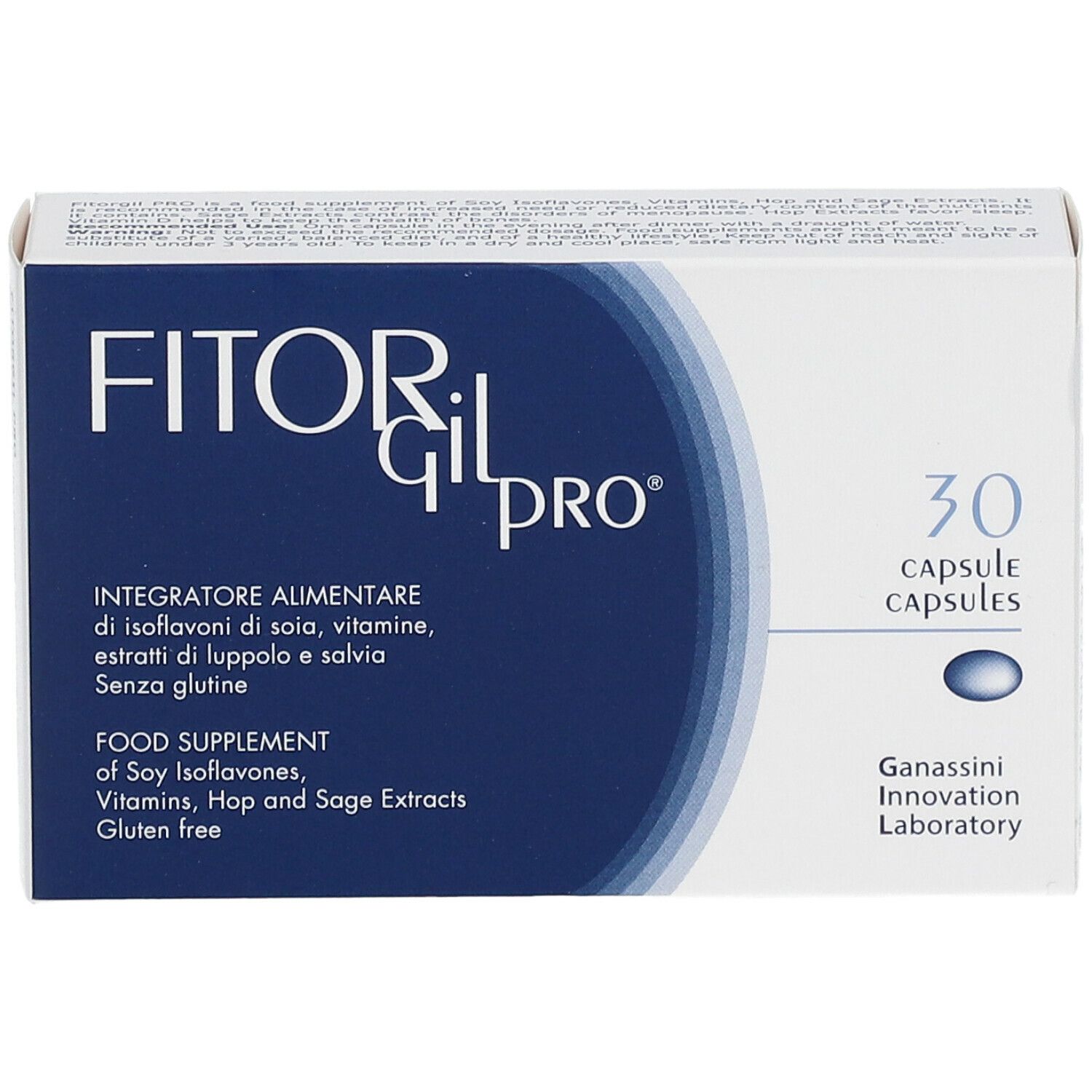 Scatola bianca e blu. Scritta FITORgil PRO, 30 capsule. Testo: Integratore alimentare, senza glutine. Ganesini Innovation Laboratory.