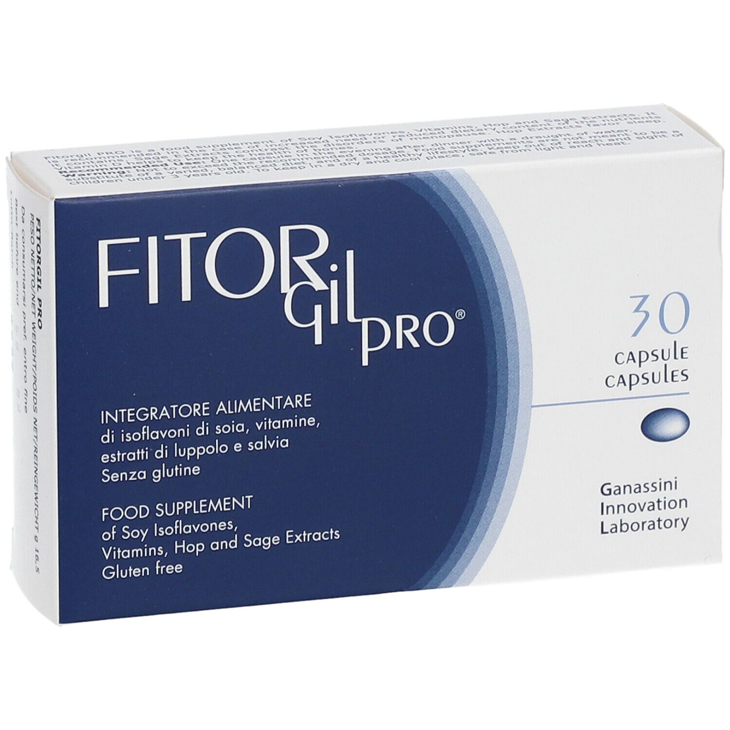 Scatola bianca e blu. Scritta FITORgil PRO, 30 capsule. Testo: Integratore alimentare, senza glutine. Ganesini Innovation Laboratory.