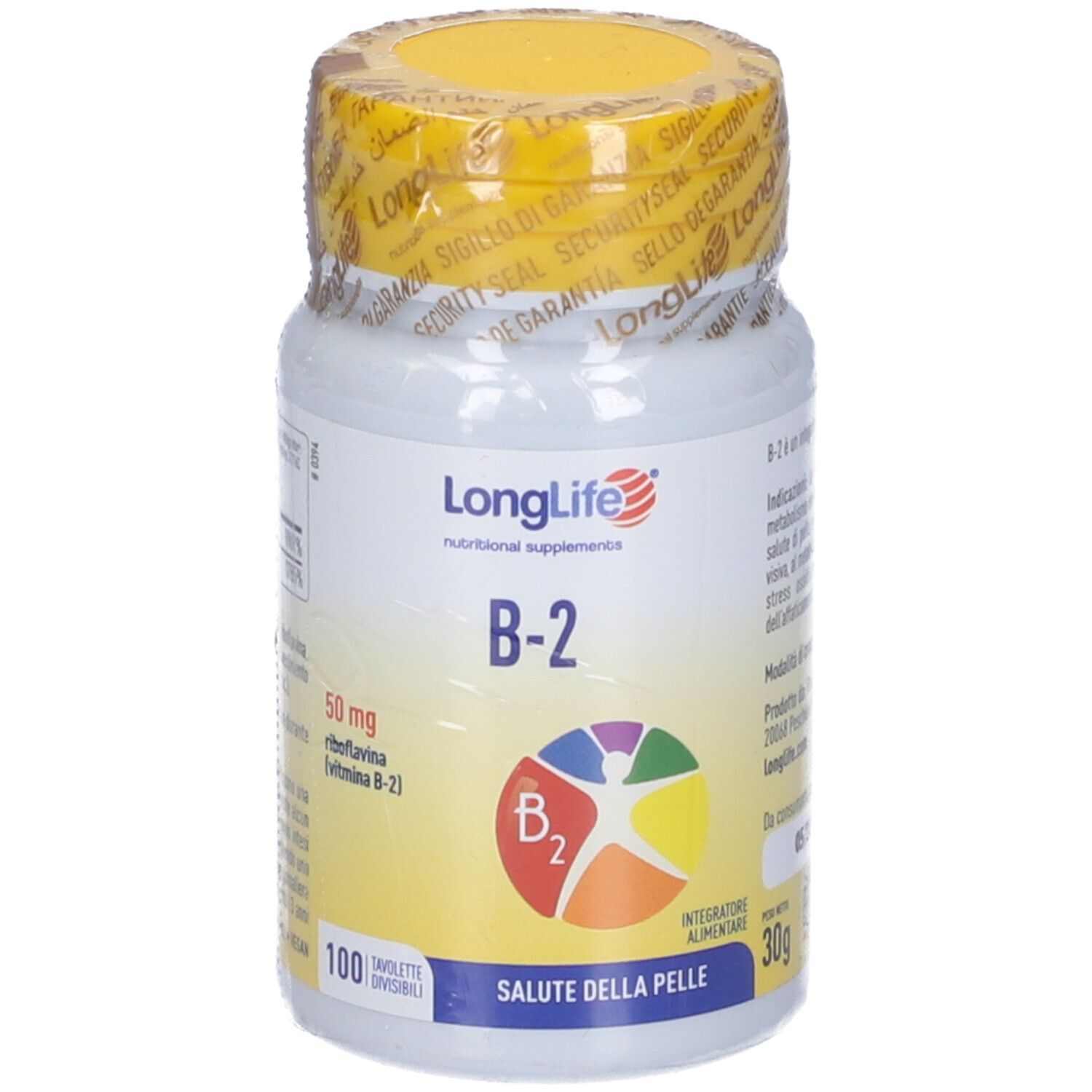Flacone bianco con tappo giallo, sigillato. Scritta LongLife B-2. Grafica colorata. 100 compresse. Saluto della pelle.