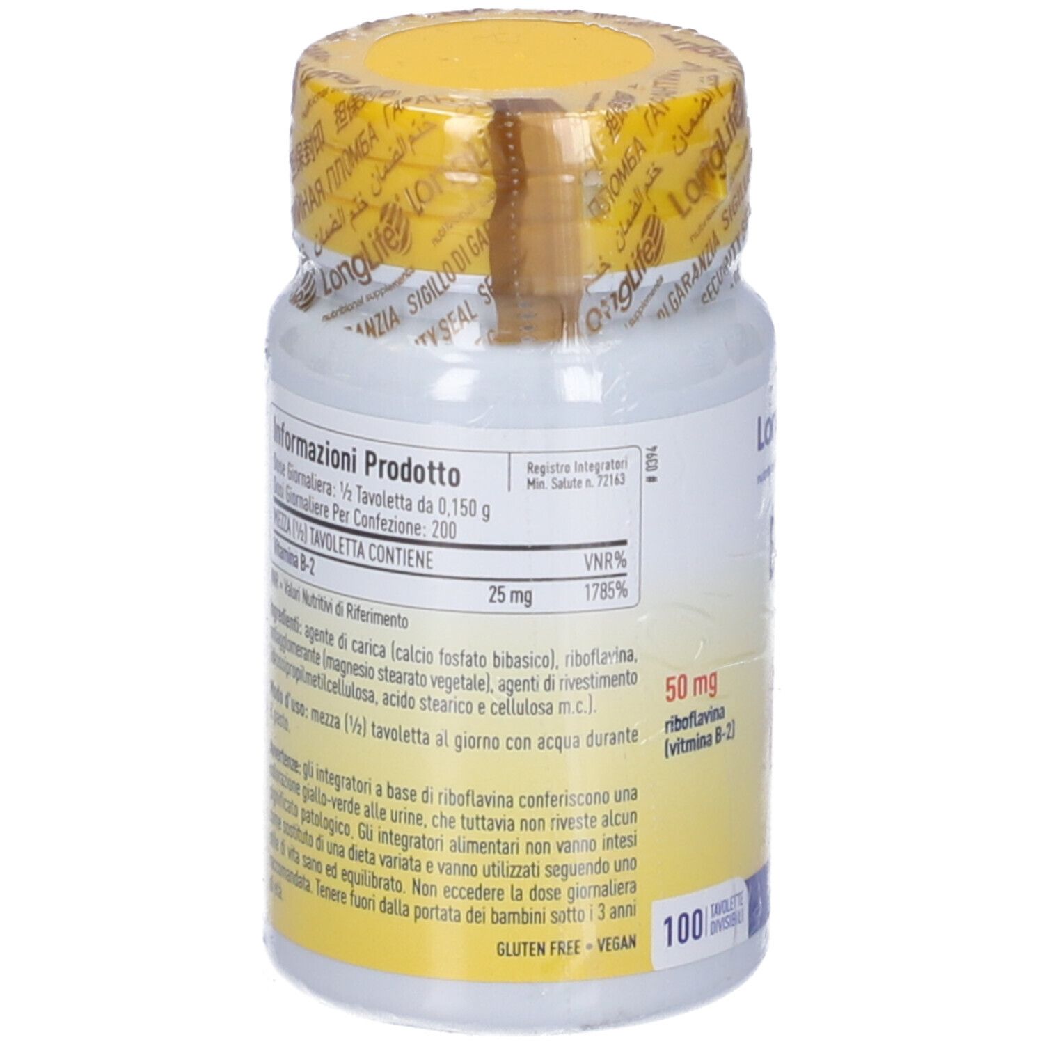 Retro del flacone. Informazioni sul prodotto. Ingredienti, valori nutrizionali. Senza glutine, vegano. 100 compresse.