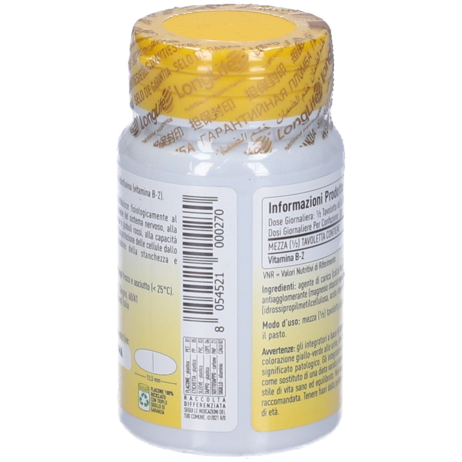 Retro del flacone. Informazioni sul prodotto. Ingredienti, valori nutrizionali. Senza glutine, vegano. 100 compresse.