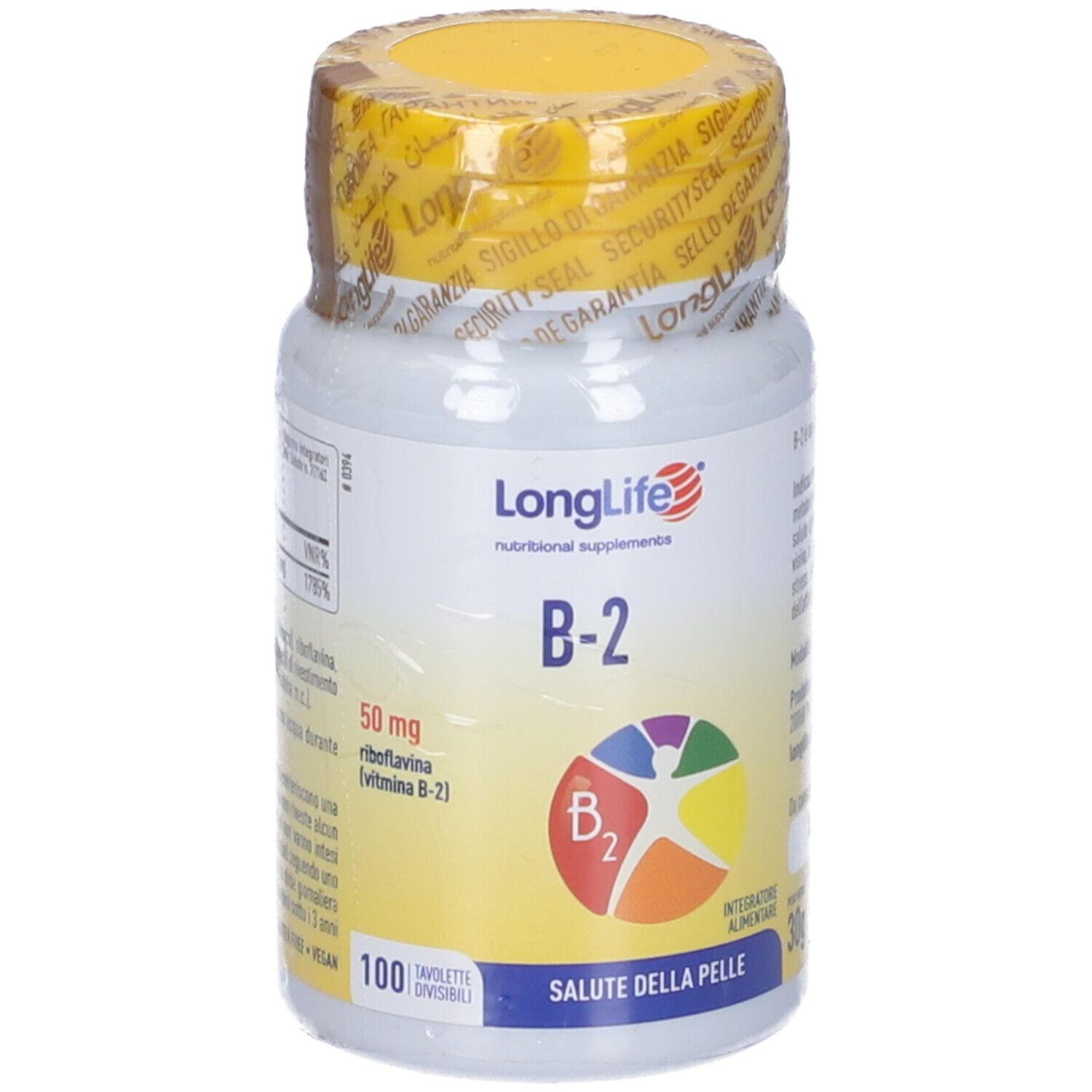 Flacone bianco con tappo giallo, sigillato. Scritta LongLife B-2. Grafica colorata. 100 compresse. Saluto della pelle.