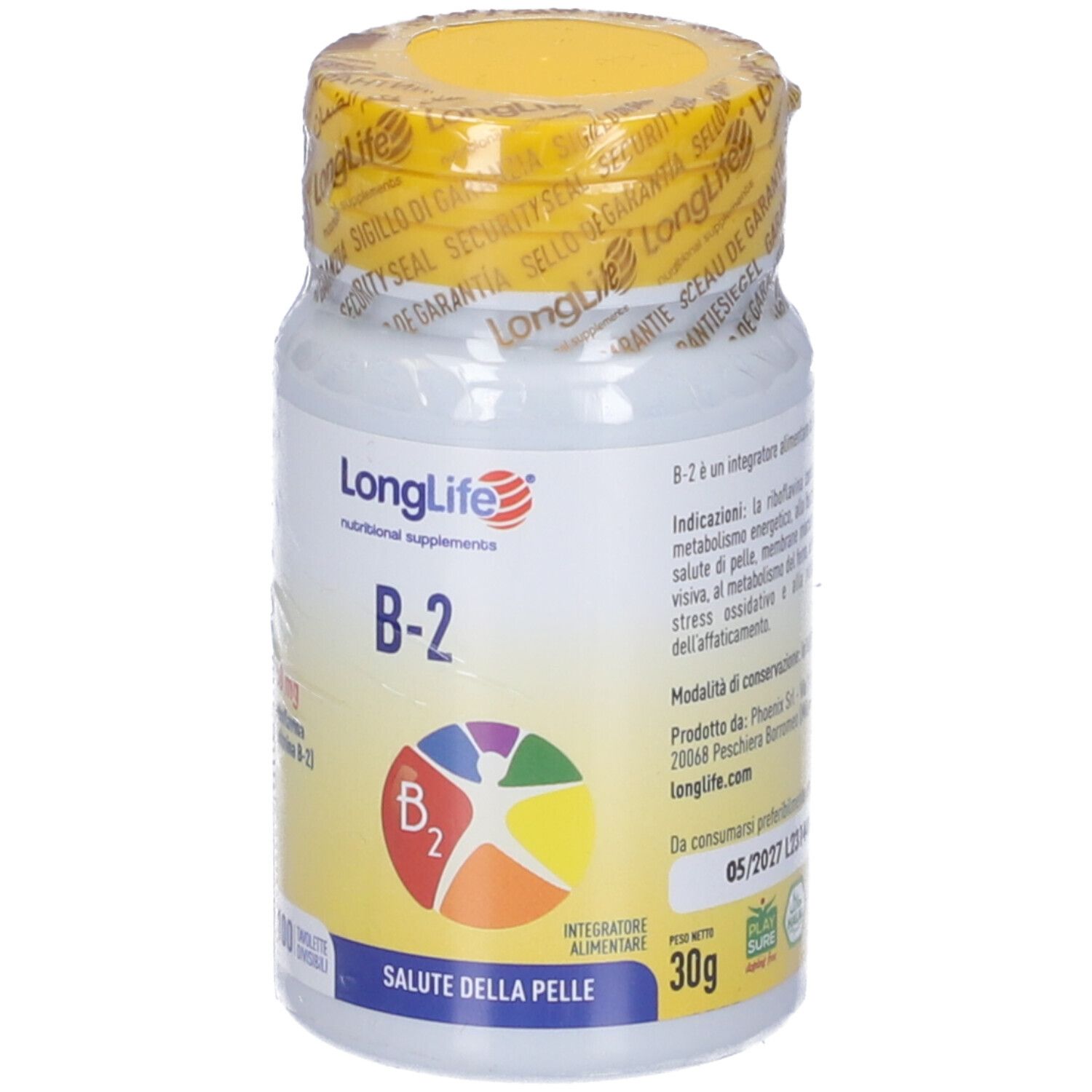 Flacone bianco con tappo giallo, sigillato. Scritta LongLife B-2. Grafica colorata. 30g. Saluto della pelle.