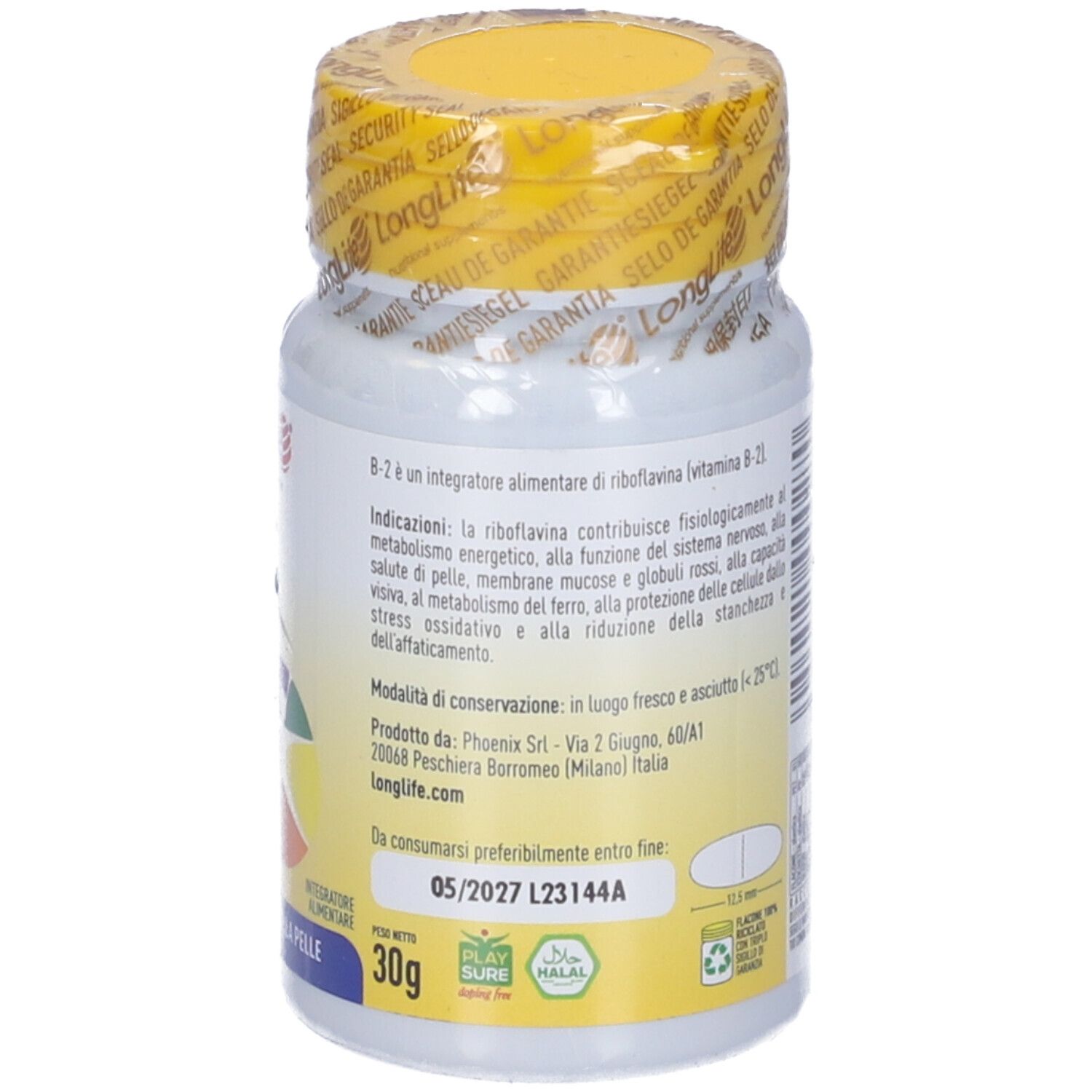 Retro del flacone. Informazioni sul prodotto. Scadenza, ingredienti. 30g. Saluto della pelle. Vegano.