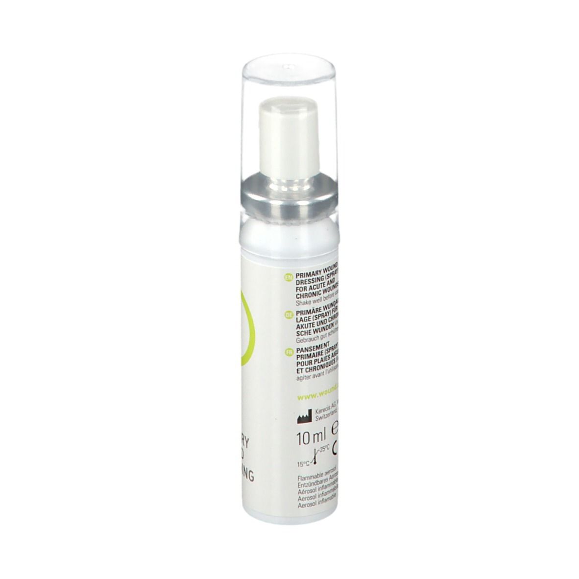 Spray per medicazione primaria. Flacone bianco con testo e dettagli verdi. Tappo trasparente. Erogatore argento.