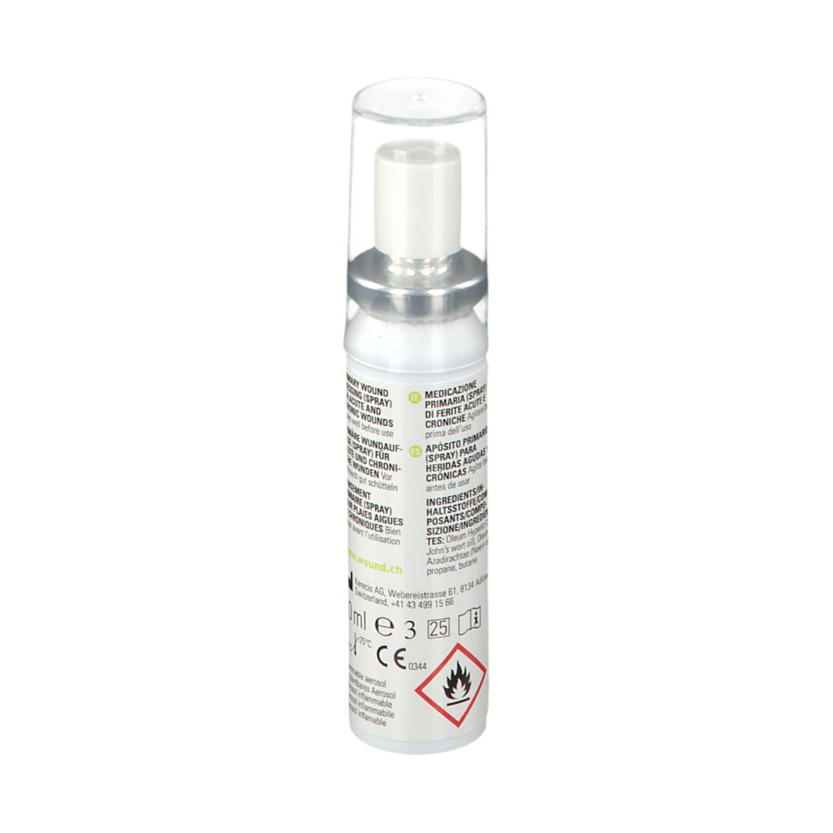 Spray per medicazione primaria. Flacone bianco con testo, dettagli verdi e pittogrammi. Tappo trasparente. Erogatore argento.