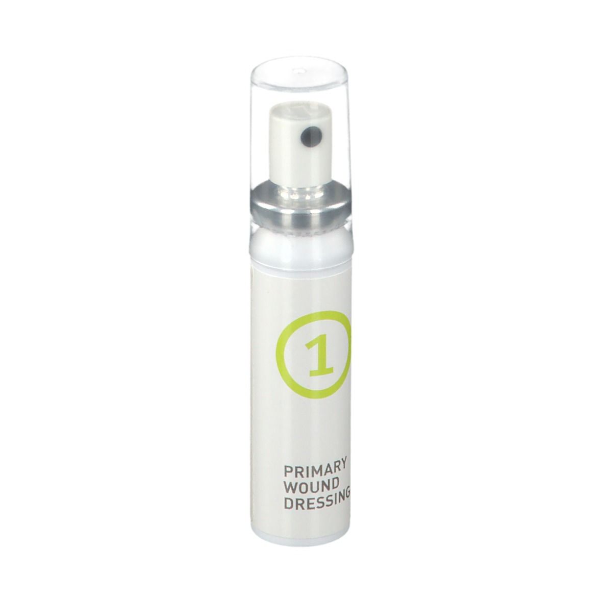Spray per medicazione primaria. Flacone bianco con cerchio verde e numero 1. Tappo trasparente. Erogatore argento.