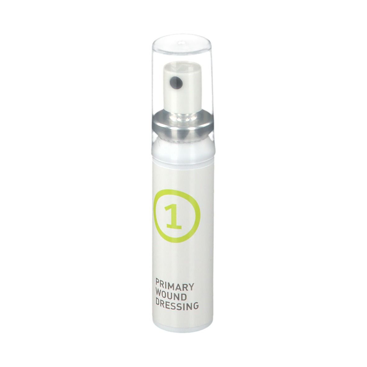 Spray per medicazione primaria. Flacone bianco con cerchio verde e numero 1. Tappo trasparente. Erogatore argento.