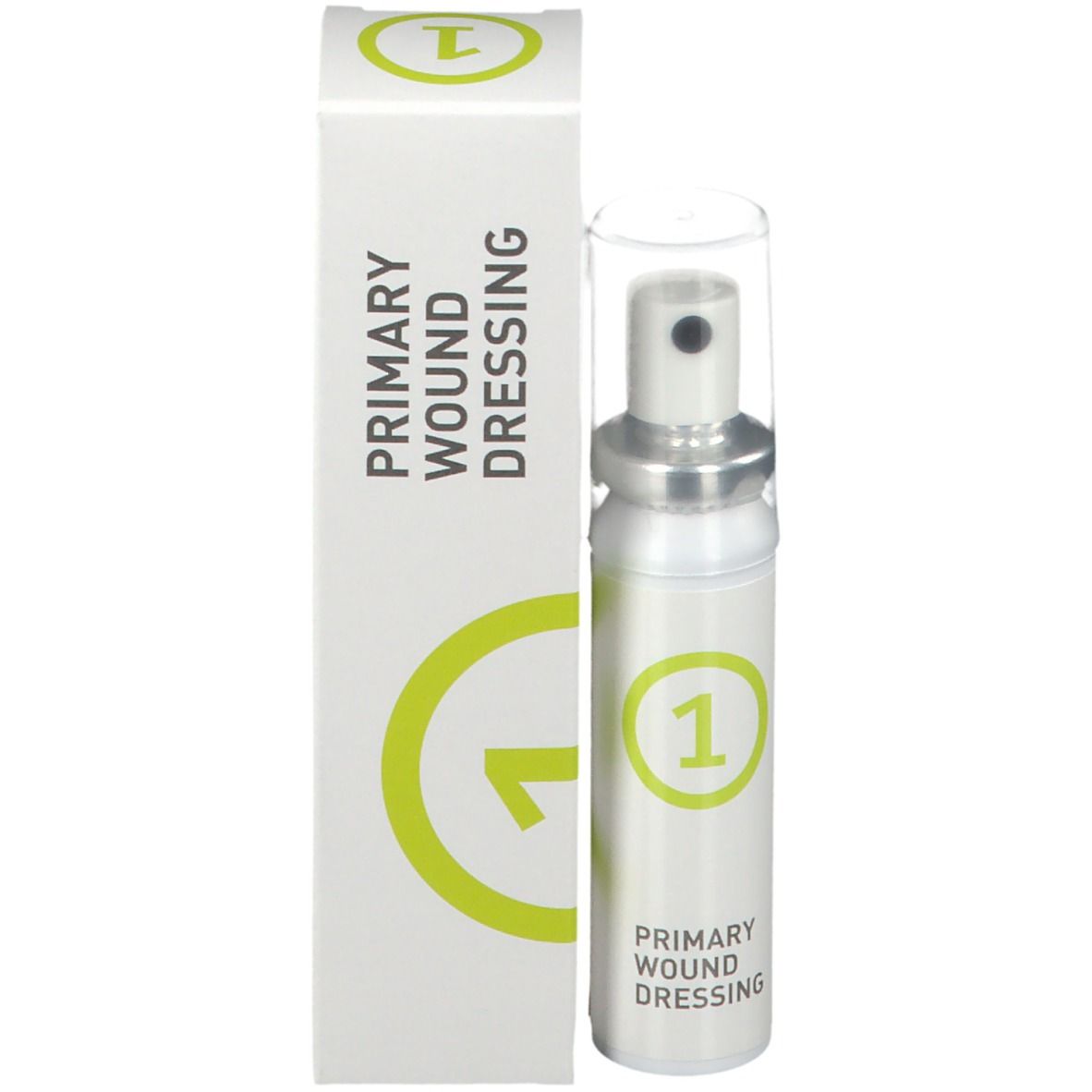 Spray per medicazione primaria e confezione. Flacone bianco con cerchio verde e numero 1. Tappo trasparente. Erogatore argento.
