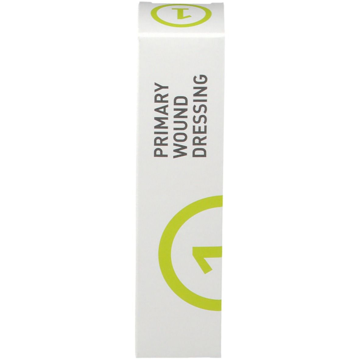 Confezione per spray per medicazione primaria. Bianco con cerchio verde e numero 1. Testo: Medicazione primaria.