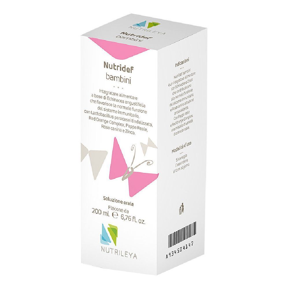 Scatola Nutridef Bambini. Confezione rosa e bianca con informazioni sul prodotto e logo.