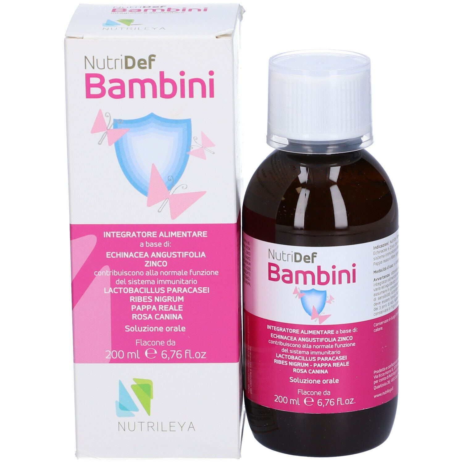 Prodotto Nutridef Bambini e confezione. Flacone marrone, tappo bianco, etichetta rosa. Scatola con logo.