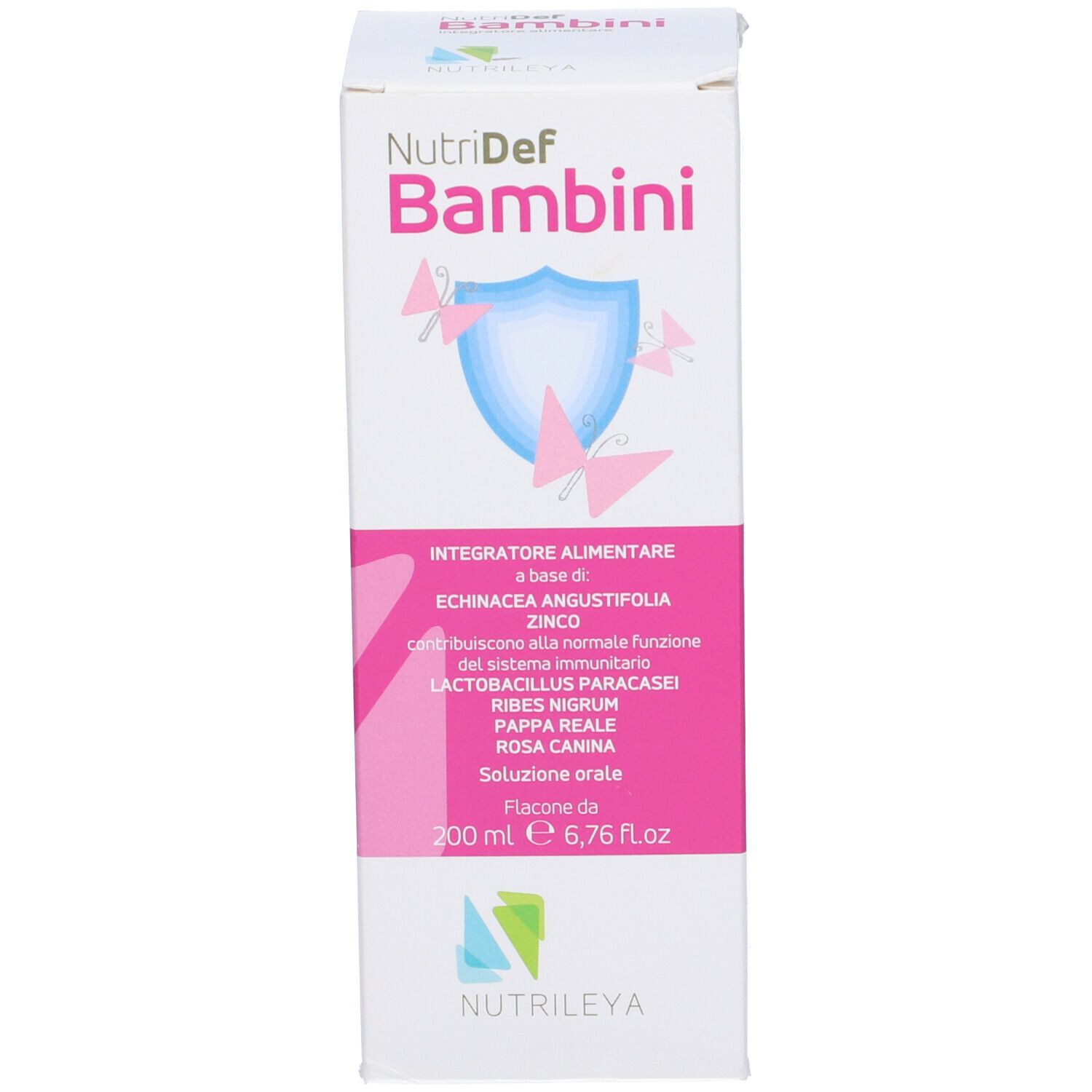 Scatola Nutridef Bambini. Confezione rosa e bianca con informazioni sul prodotto e logo.
