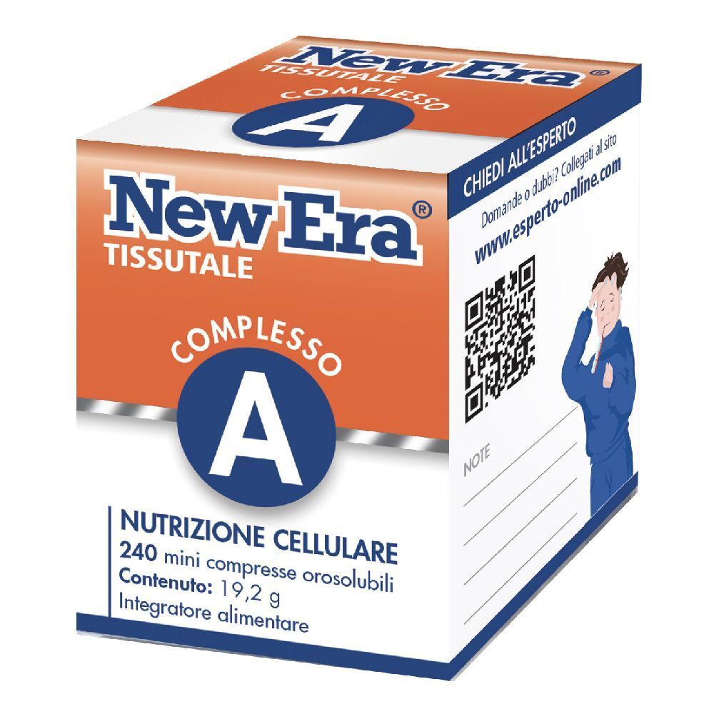 Scatola quadrata 'New Era' e 'A'. Design arancione e bianco. Testo: 'Nutrizione Cellulare'. Contiene 240 compresse.