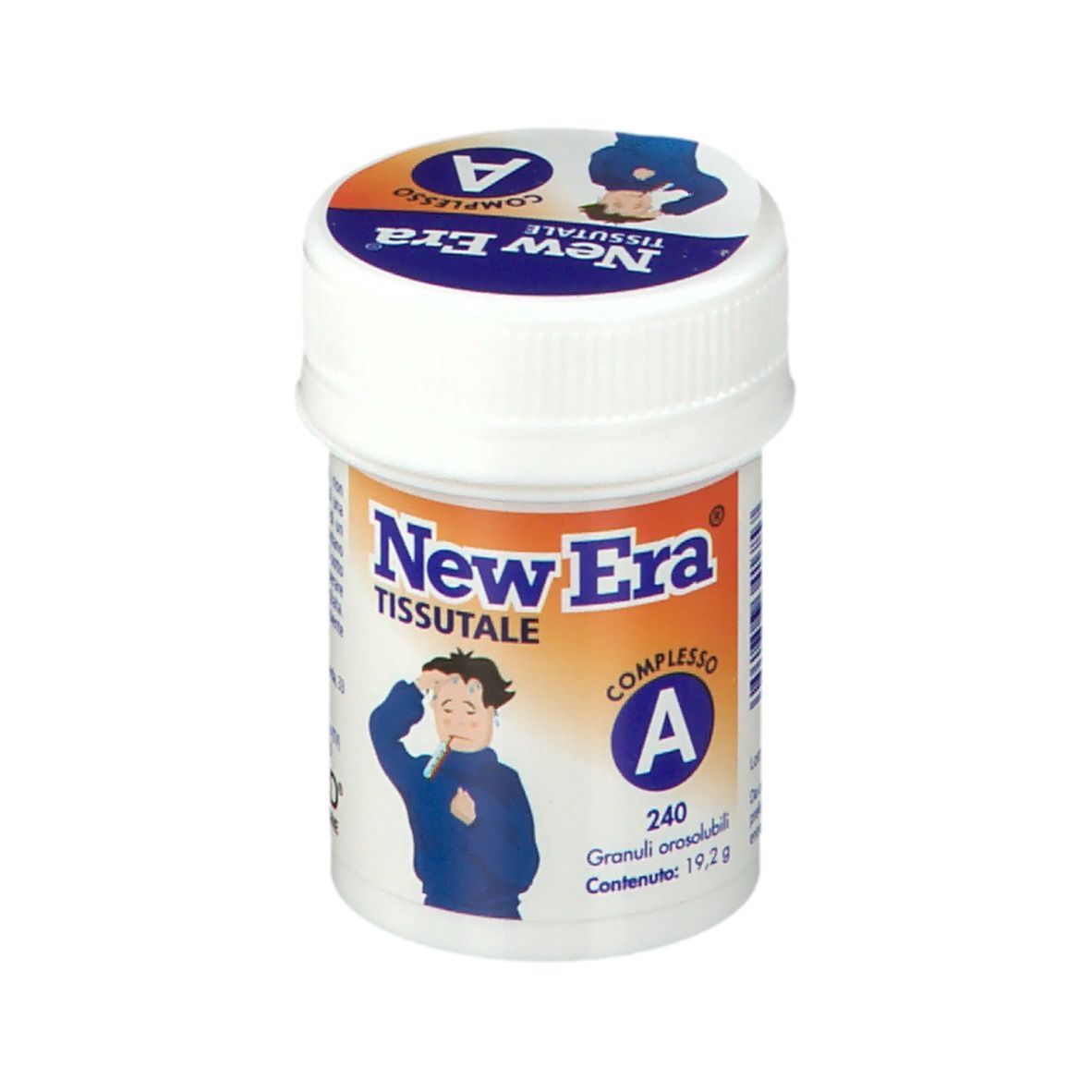 Barattolo bianco, coperchio blu. 'New Era' e 'A' sul coperchio. Etichetta 'New Era' e 'A'. Contiene 240 granuli.