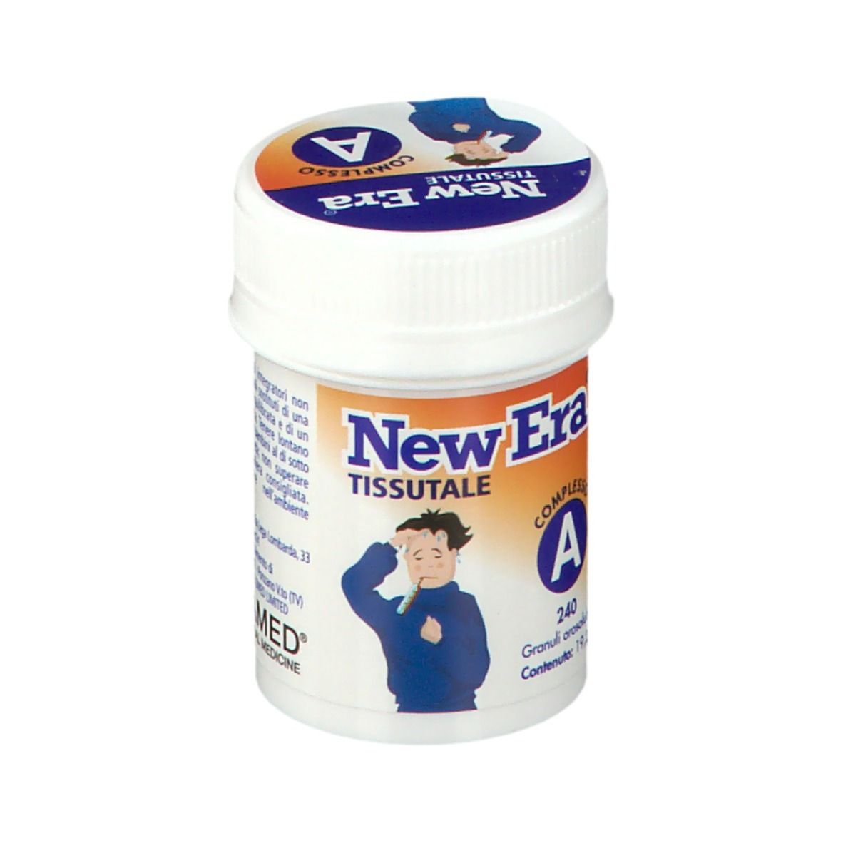 Barattolo bianco, coperchio blu. 'New Era' e 'A' sul coperchio. Etichetta 'New Era' e 'A'. Contiene 240 granuli.