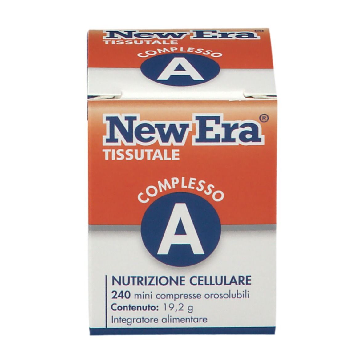 Scatola arancione e bianca. Scritta 'New Era' e 'A'. Testo: 'Nutrizione Cellulare'. Contiene 240 compresse.
