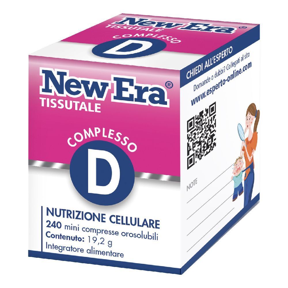 Karton mit "New Era Complesso D". Rosa-weißes Design. Enthält 240 Tabletten. QR-Code und Text.