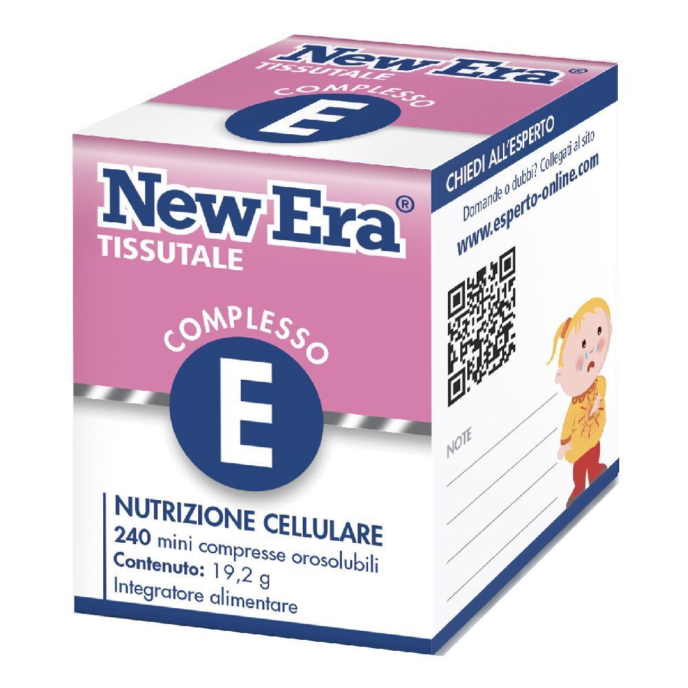 Scatola bianca e rosa. Scritta New Era Tissutale Complesso E. Contiene 240 compresse. Codice QR e informazioni di contatto.