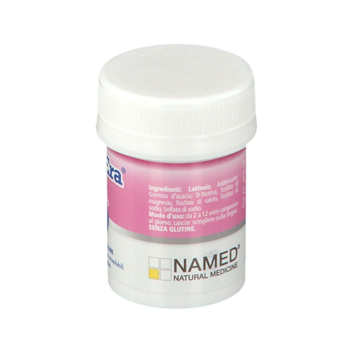 Piccolo barattolo bianco con etichetta rosa. Scritta New Era Tissutale Complesso E. Contiene ingredienti e istruzioni per l'uso.