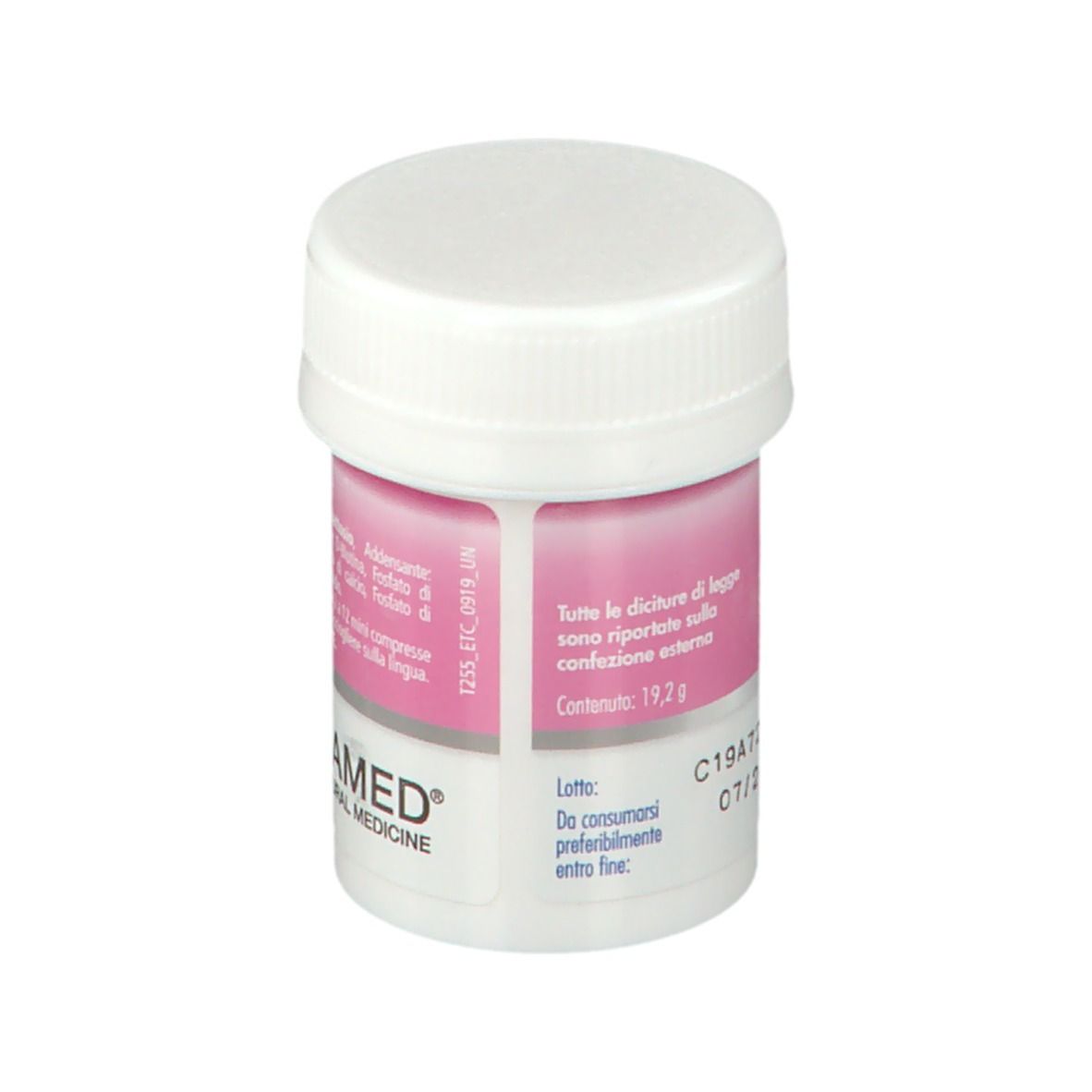 Piccolo barattolo bianco con etichetta rosa. Scritta New Era Tissutale Complesso E. Contiene informazioni sull'uso e ingredienti.