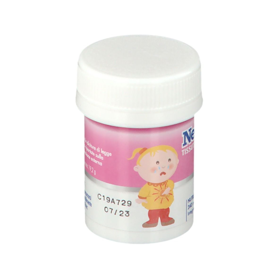 Piccolo barattolo bianco con etichetta rosa. Scritta New Era Tissutale Complesso E. Contiene informazioni sull'uso e ingredienti.