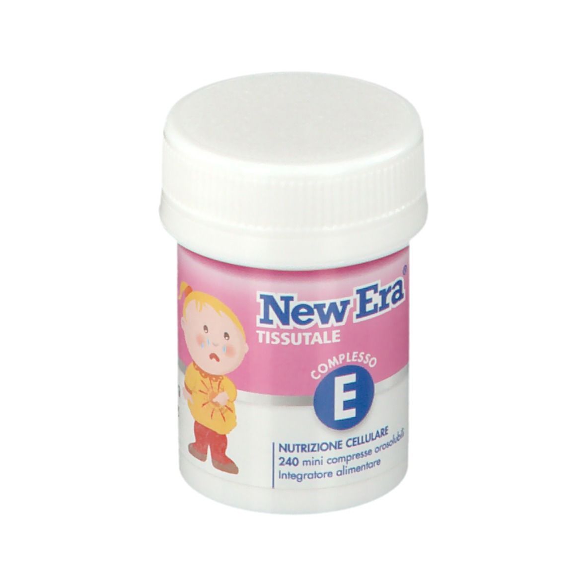 Piccolo barattolo bianco con etichetta rosa. Scritta New Era Tissutale Complesso E. Contiene 240 compresse. Illustrazione di un bambino.