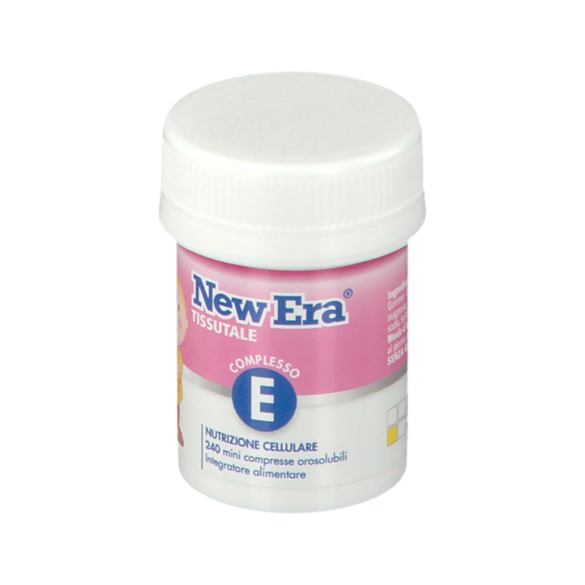Piccolo barattolo bianco con etichetta rosa. Scritta New Era Tissutale Complesso E. Contiene 240 compresse. Illustrazione di un bambino.