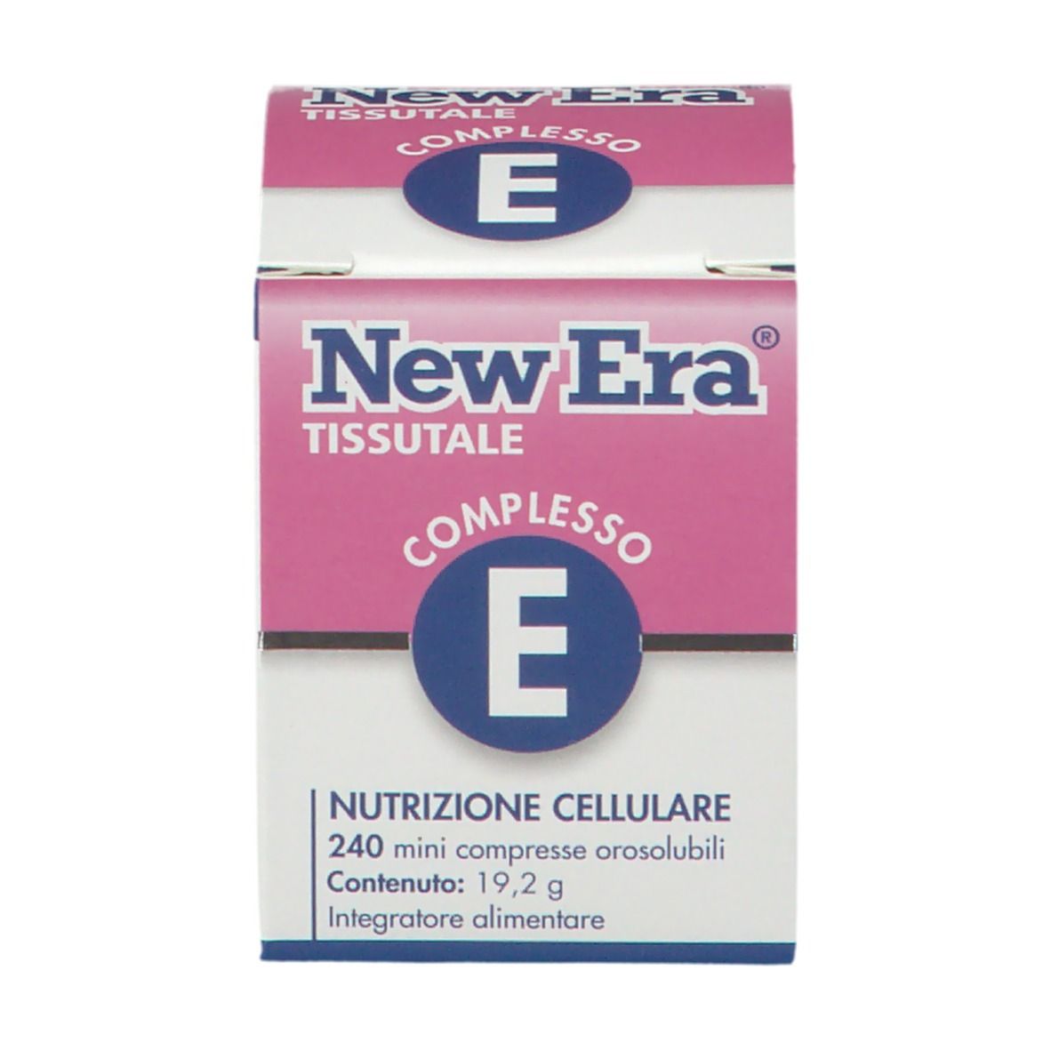 Scatola bianca e rosa. Scritta New Era Tissutale Complesso E. Contiene 240 compresse.