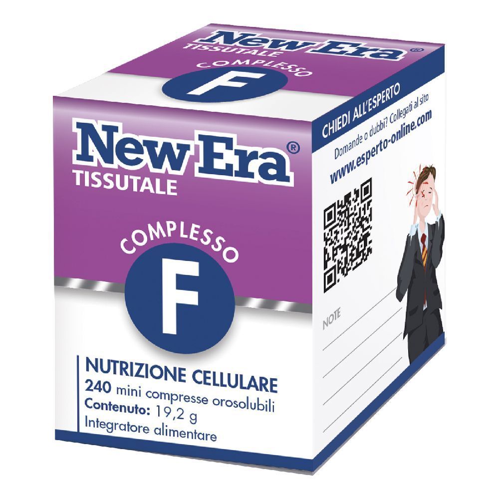 Scatola New Era Tissutale Complesso F. Design viola e bianco. Contiene 240 compresse. Codice QR e informazioni di contatto.