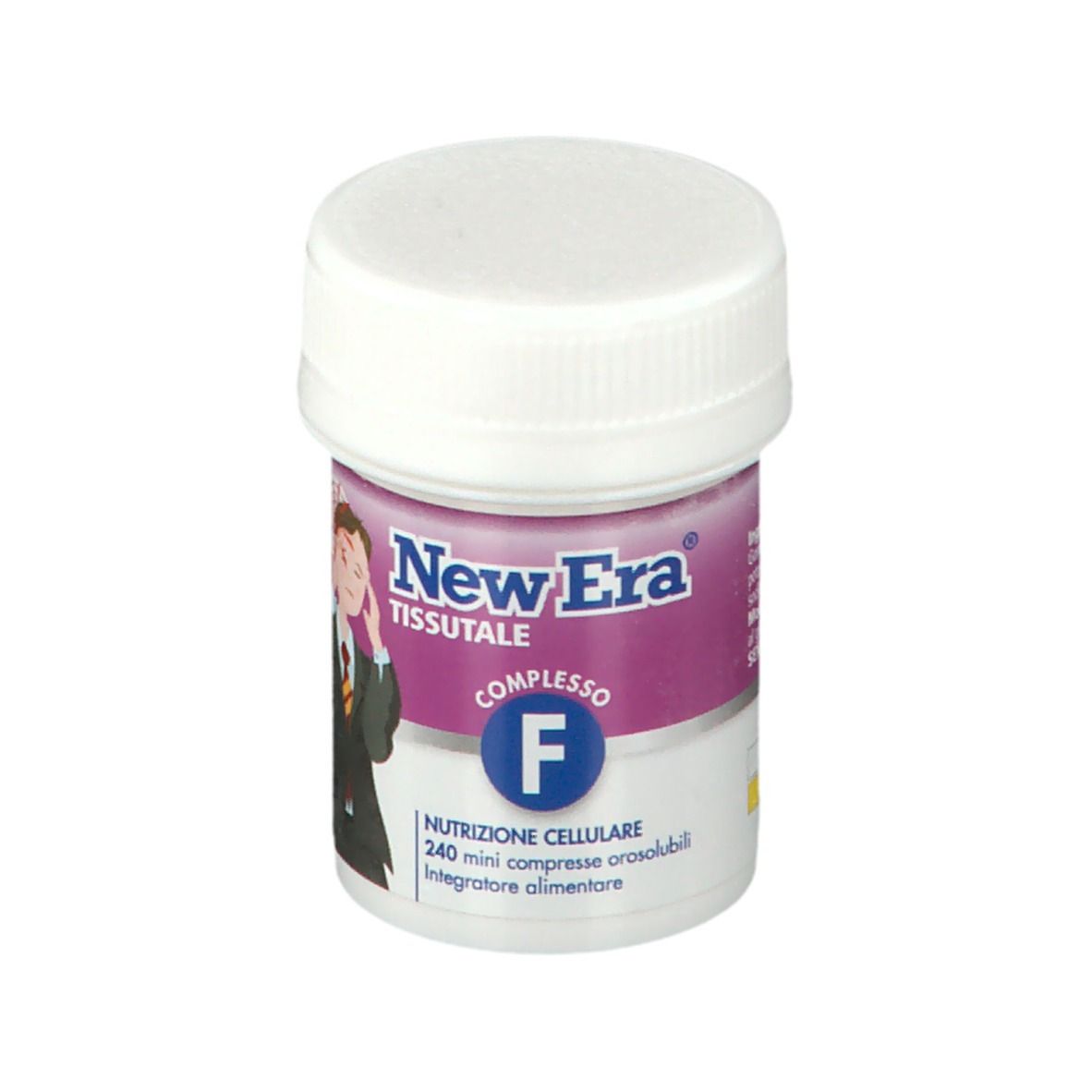 Flacone cilindrico con coperchio bianco. Etichetta New Era Tissutale Complesso F. 240 compresse. Sfondo bianco.