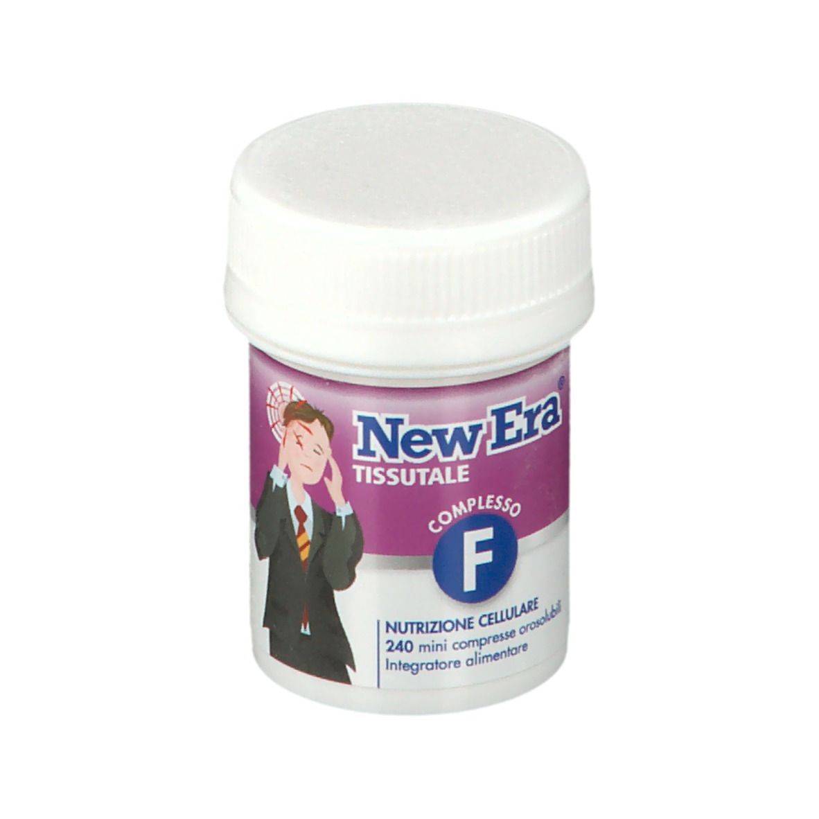 Flacone cilindrico con coperchio bianco. Etichetta New Era Tissutale Complesso F. 240 compresse. Sfondo bianco.